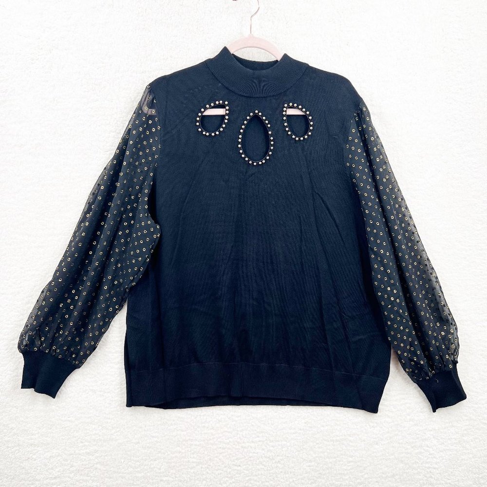 Belldini chiffon dotted sleeve Embelished Keyhole Sweater Black Gold Size 3X